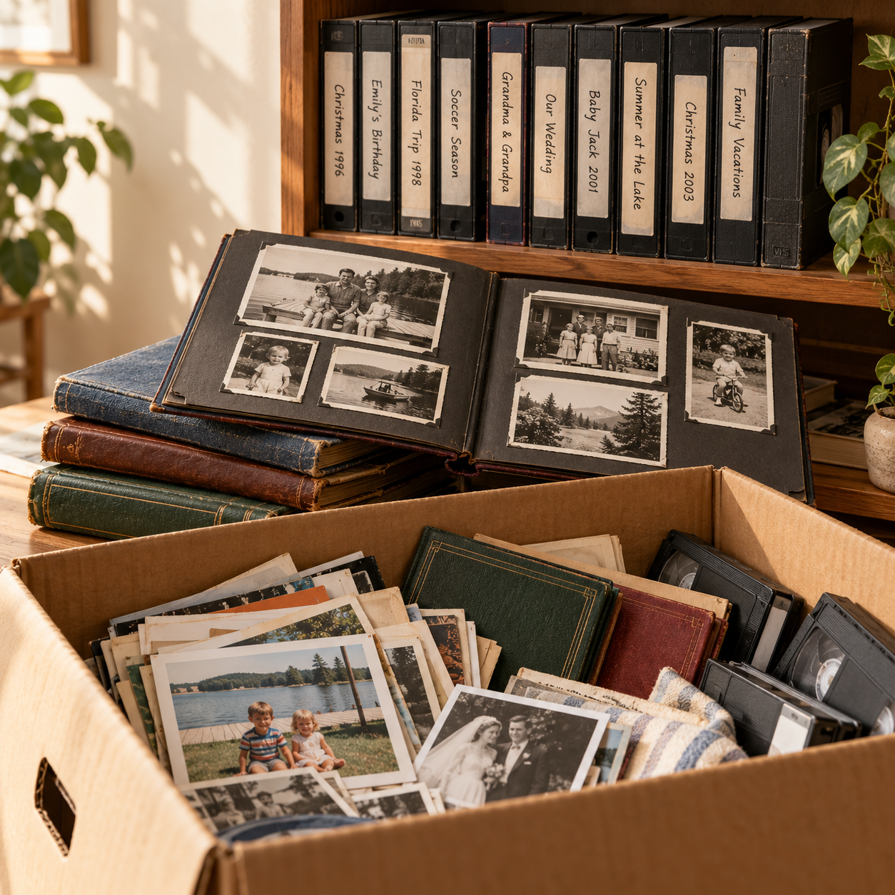 An overlapping collage of handwritten VHS tapes on a shelf, an open album of black and white photographs, and a box of family photographs and videos.